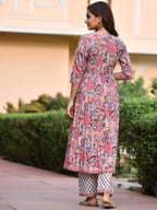 Floral Printed Round Neck Flared Anarkali Kurta With Trousers & Dupatta