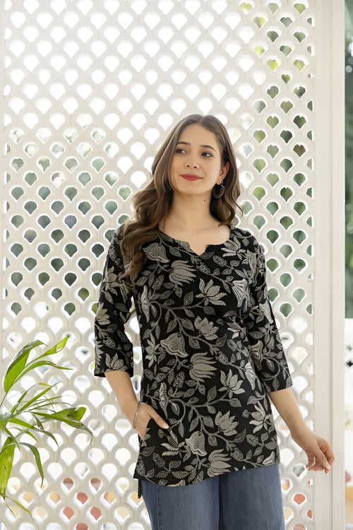 Casual Regular Sleeves Printed Women Black Top