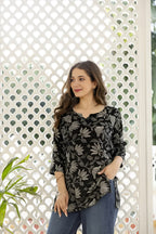 Casual Regular Sleeves Printed Women Black Top